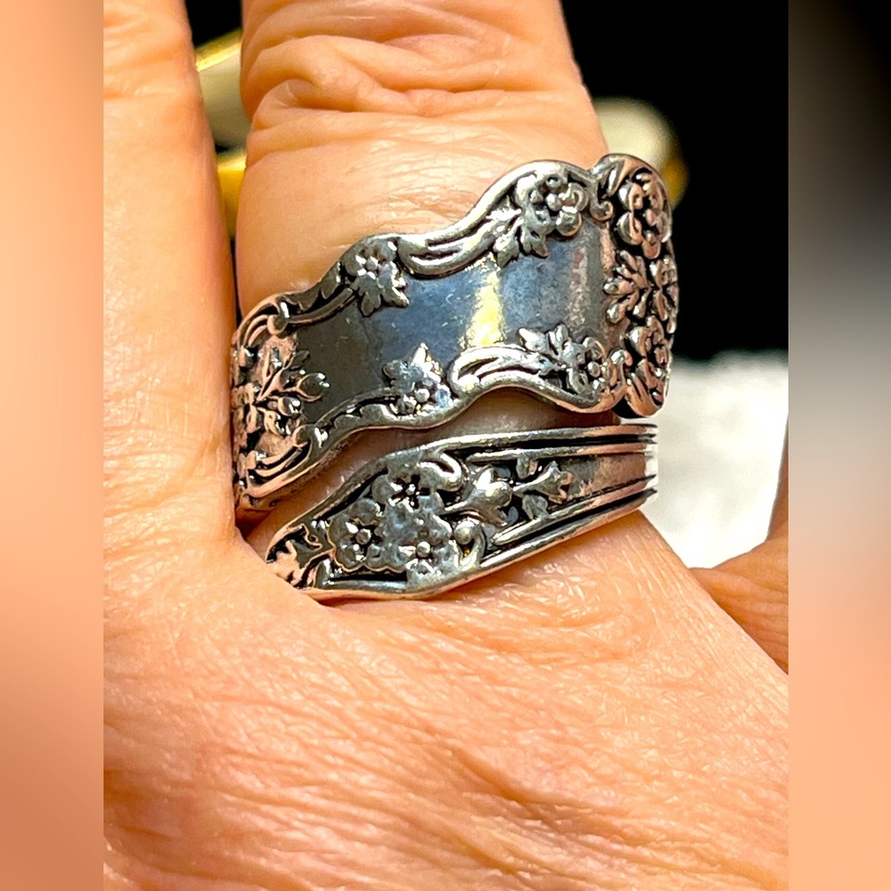 Plated spoon ring -wide band -artisan -carved -unique